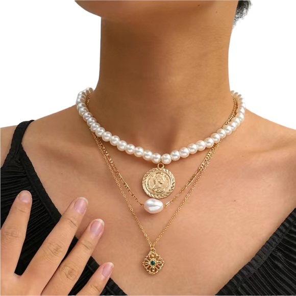 3 Piece Triple Layer Gold and Pearl Necklace - Picture 3 of 5